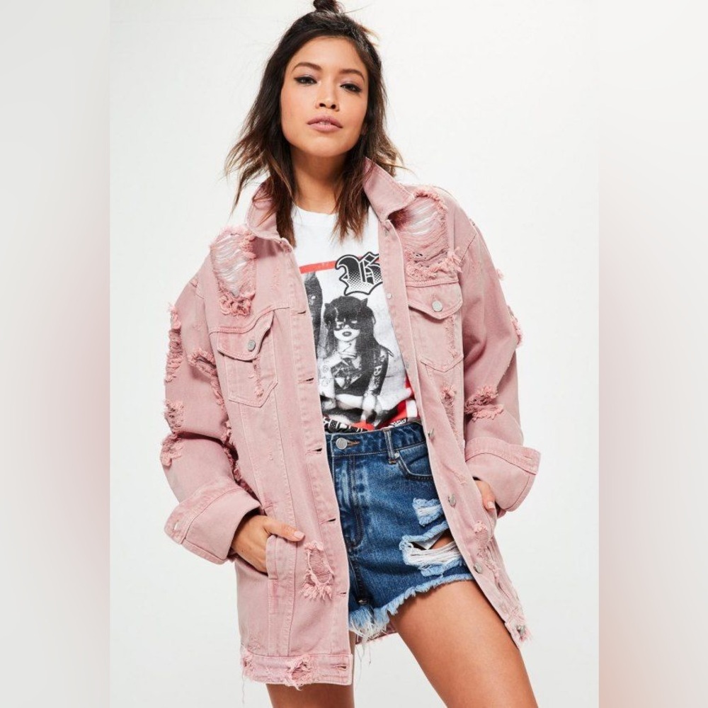 Missguided petite pink distressed denim jacket
